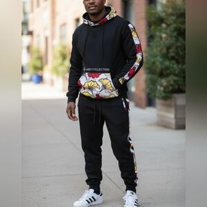 Black Hoodie and Joggers Set with Floral Accents